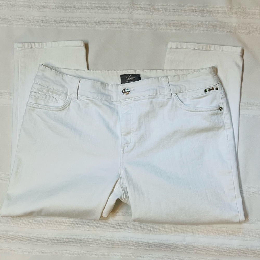 Chico’s So Slimming Jeans White Sz 2.5 Reg Sz 14 Crop - Picture 3 of 14